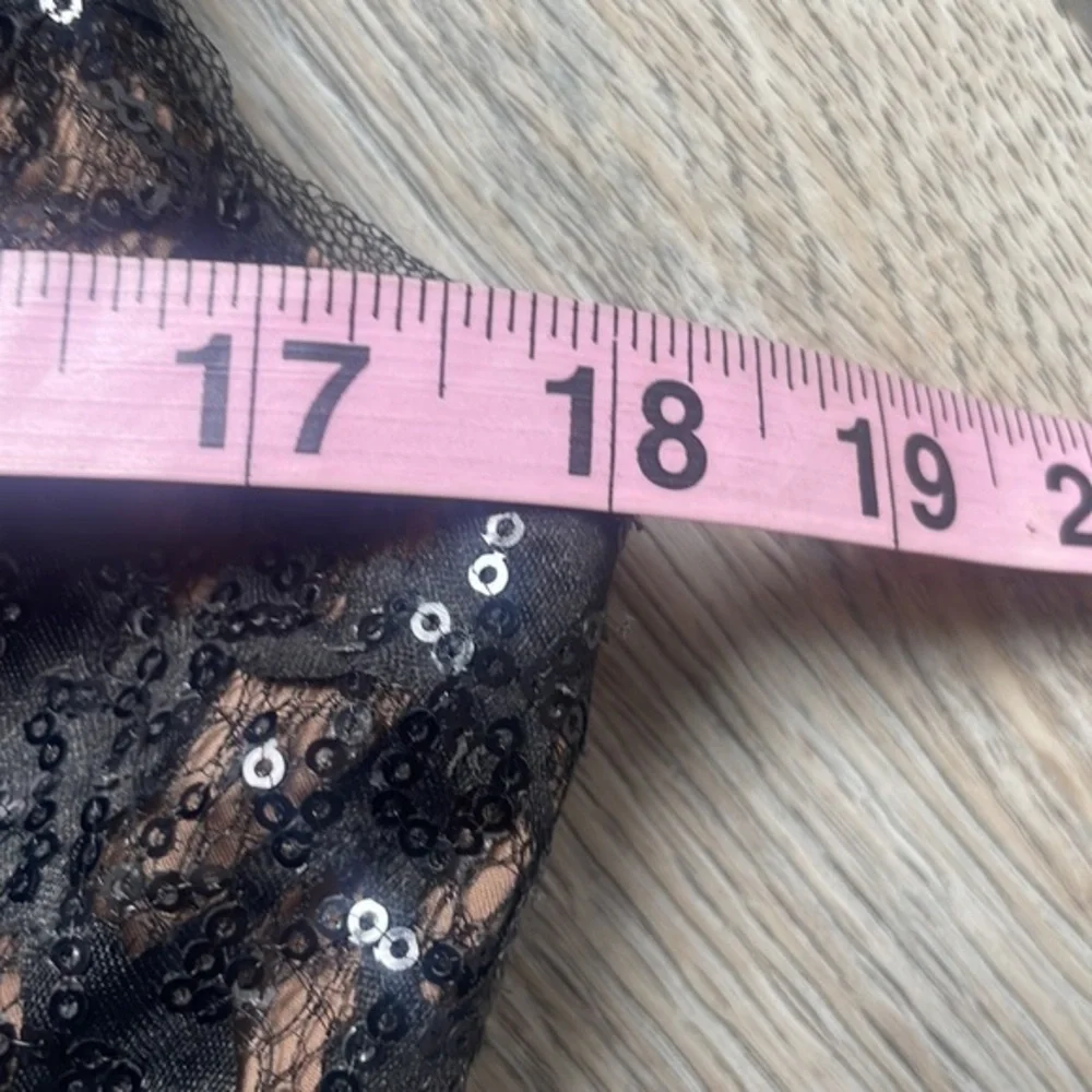 Eliza J Dress Black lace nude colored size 8 sequined balletcore fit and flare